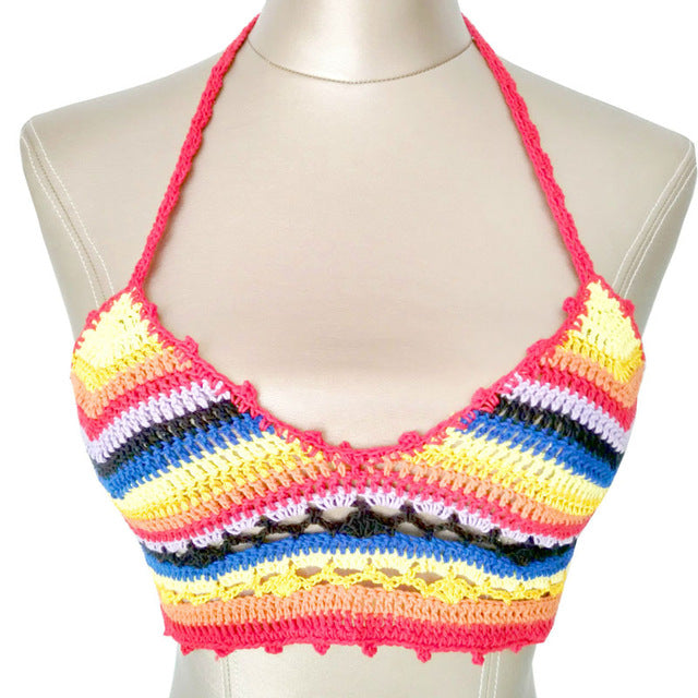Beachwear Crochet Crop Top Cropped Rainbow Backless Knitted Tank Top Women Trendy Knitting Bustier Crop Top Tees Camis Vest 2017