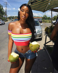 NEW Women Rainbow Striped Off Shoulder Short Sleeve Crop Top Bodycon Bandeau Sexy Party Club Slim Short Tees Tanks Top Clubwear