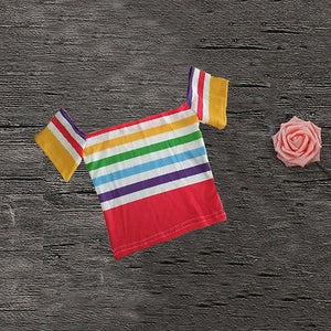 NEW Women Rainbow Striped Off Shoulder Short Sleeve Crop Top Bodycon Bandeau Sexy Party Club Slim Short Tees Tanks Top Clubwear