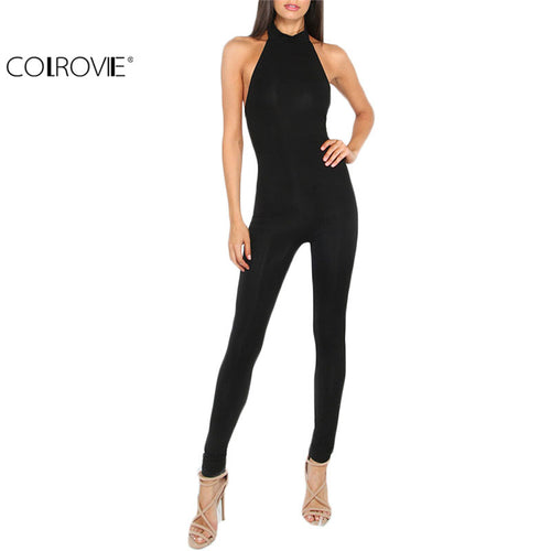 COLROVIE Women Plain Black jumpsuit Slim Backless Sexy Ladies Summer Sleeveless Round Neck Bodycon Sheath Jumpsuit