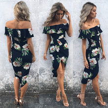 Women Floral Print Off Shoulder Ruffle Short Sleeve Boho Asymmetrical Dress Ladies Evening Party Long Maxi High Waist Dress