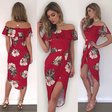 Women Floral Print Off Shoulder Ruffle Short Sleeve Boho Asymmetrical Dress Ladies Evening Party Long Maxi High Waist Dress