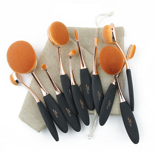 Professional 10 pcs Rose Gold Oval Makeup Brushes Extremely Soft Makeup Brush Set Foundation Powder Brush Kit with Bag