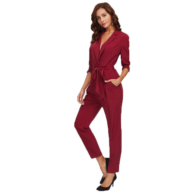 Sheinside Wrap And Tie Detail Tailored Jumpsuit 2017 Burgundy V neck Long Sleeve Elegant Jumpsuit Ladies OL Style Work Jumpsuit