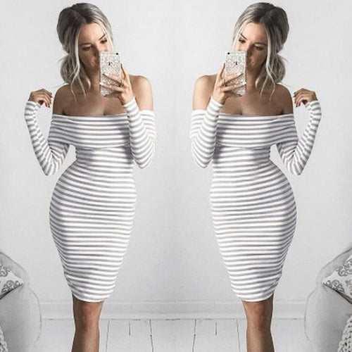 Spring Autumn Women Sexy Off Shoulder Long Sleeve Slim Pencil Dress Party Cocktail Women Slash Neck Bodycon Striped Sheah Dress