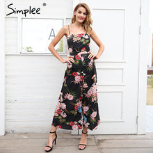 Simplee Sexy floral print strap backless jumpsuits women Solid tie up bow flare opening playsuits Summer beach loose jumpsuit