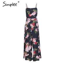 Simplee Sexy floral print strap backless jumpsuits women Solid tie up bow flare opening playsuits Summer beach loose jumpsuit