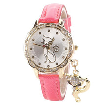 Luxury Diamond Analog Leather Quartz Cat Wrist Watch