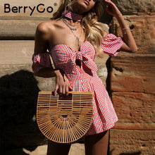 BerryGo Off shoulder plaid jumpsuit romper women Sexy backless bow high waist playsuit female Summer beach 2018 short overalls