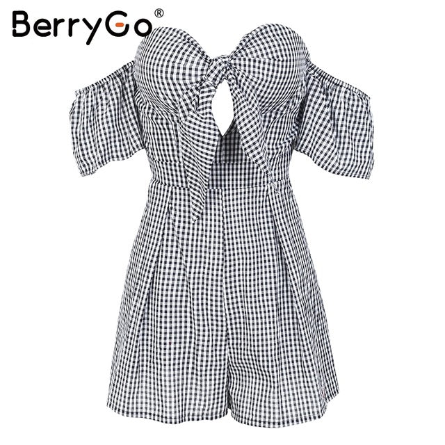 BerryGo Off shoulder plaid jumpsuit romper women Sexy backless bow high waist playsuit female Summer beach 2018 short overalls