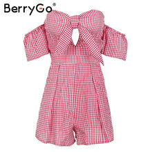 BerryGo Off shoulder plaid jumpsuit romper women Sexy backless bow high waist playsuit female Summer beach 2018 short overalls