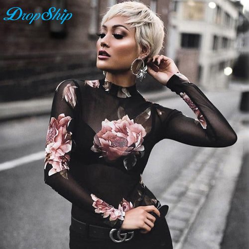 Transparent Long Sleeve Floral  Stretchy Bodysuit