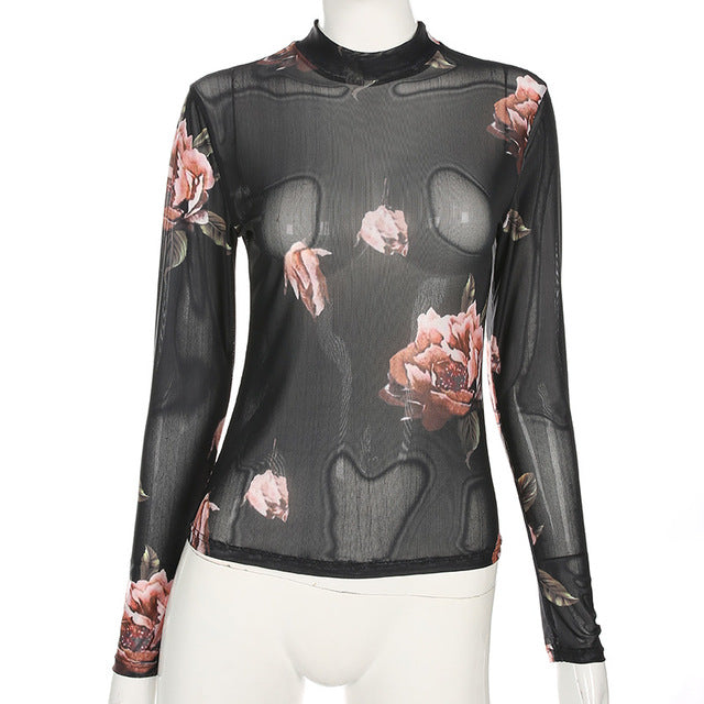Transparent Long Sleeve Floral  Stretchy Bodysuit