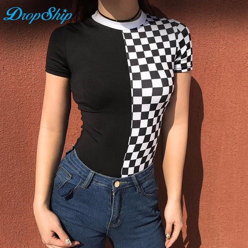 Dropship Checkerboard Bodysuits Women O Neck Knitted Short Sleeve Black Plaid Slim Waist Bodycon Bodysuit Summer 2018 Hot Romper