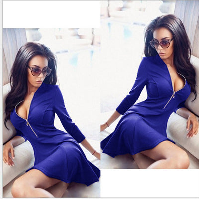 Sexy V-Neck zippers A-Line dress vestidos 2018 New  Fashion Women red blue 3/4 Sleeve Party Mini dresses Plus size