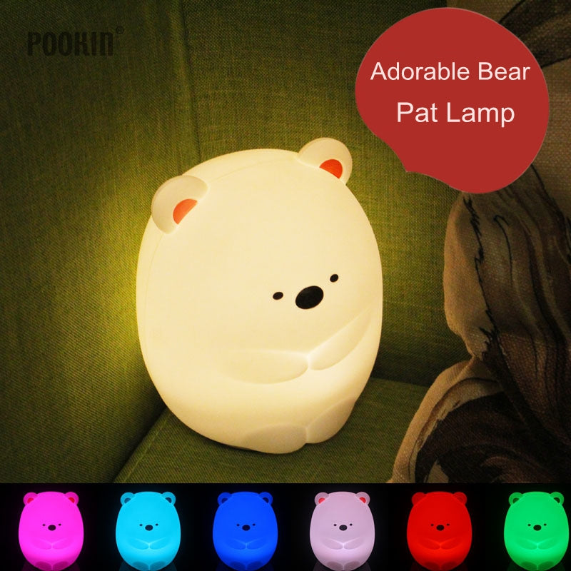USB Rechargeable Colorful Silicone Gel Adorable Bear light Pat Lamp Children Cute Night Lamp Christmas Bedroom Light
