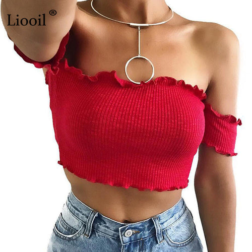 Liooil Black Red Ruffle Off The Shoulder Tops For Women Sexy Clubwear 2018 Strapless Backless Slash Neck Womens T shirt Crop Top