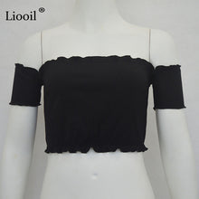 Liooil Black Red Ruffle Off The Shoulder Tops For Women Sexy Clubwear 2018 Strapless Backless Slash Neck Womens T shirt Crop Top