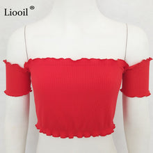 Liooil Black Red Ruffle Off The Shoulder Tops For Women Sexy Clubwear 2018 Strapless Backless Slash Neck Womens T shirt Crop Top
