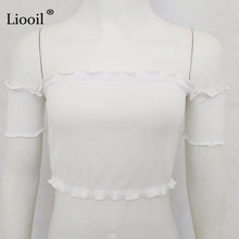 Liooil Black Red Ruffle Off The Shoulder Tops For Women Sexy Clubwear 2018 Strapless Backless Slash Neck Womens T shirt Crop Top
