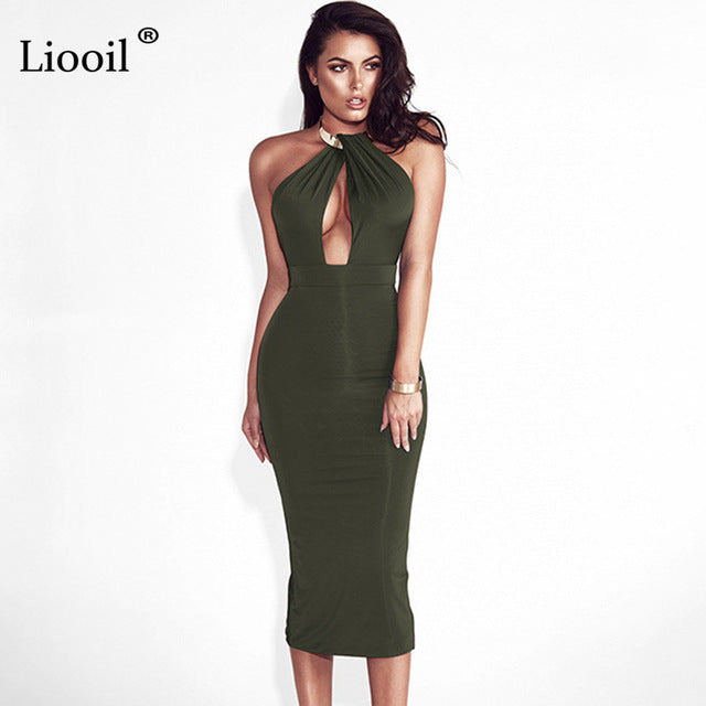 Liooil Bodycon Halter Summer Split Dress Women Backless Sleeveless Zip Up Party Womens Black Dresses Sexy Club Outfits For Woman