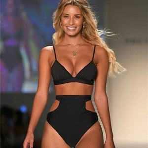 2018 new swimsuit  classic solid color high waist sexy split hollow bikini