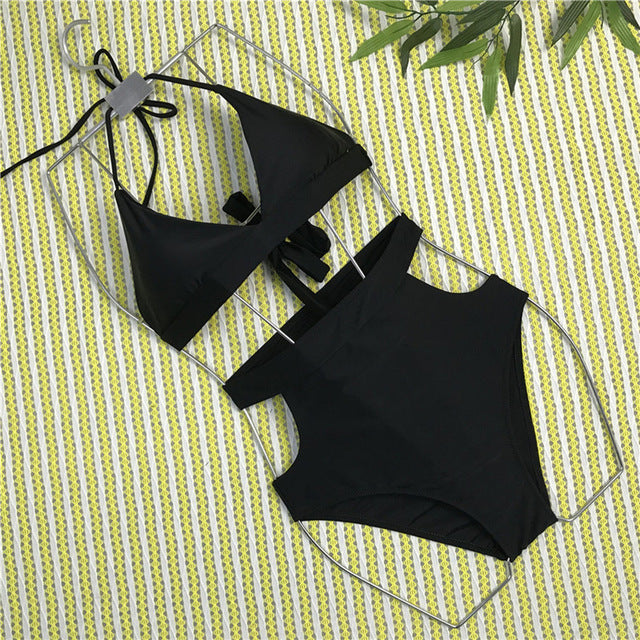 2018 new swimsuit  classic solid color high waist sexy split hollow bikini