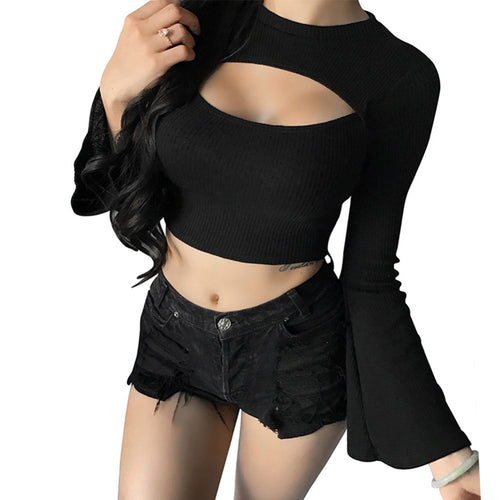 Open Chest T-shirts Women Short Sexy Tee Shirt Butterfly Sleeve Femme Long Sleeve Spring T-shirt Female T shirts Tops Knitted