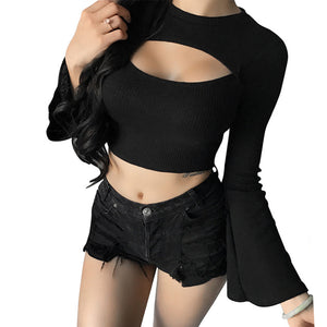 Open Chest T-shirts Women Short Sexy Tee Shirt Butterfly Sleeve Femme Long Sleeve Spring T-shirt Female T shirts Tops Knitted